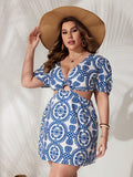 Vestido Plus Size Decote Em V Cintura Alta Vazado