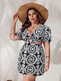 Vestido Plus Size Decote Em V Cintura Alta Vazado